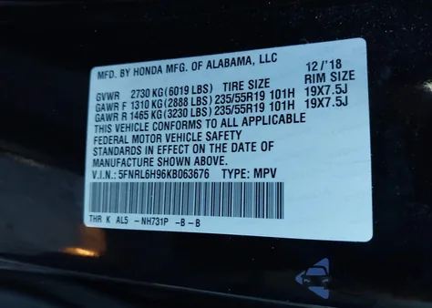 2019 Honda Odyssey Elite из США, поврежденный, VIN 5FNRL6H96KB063676